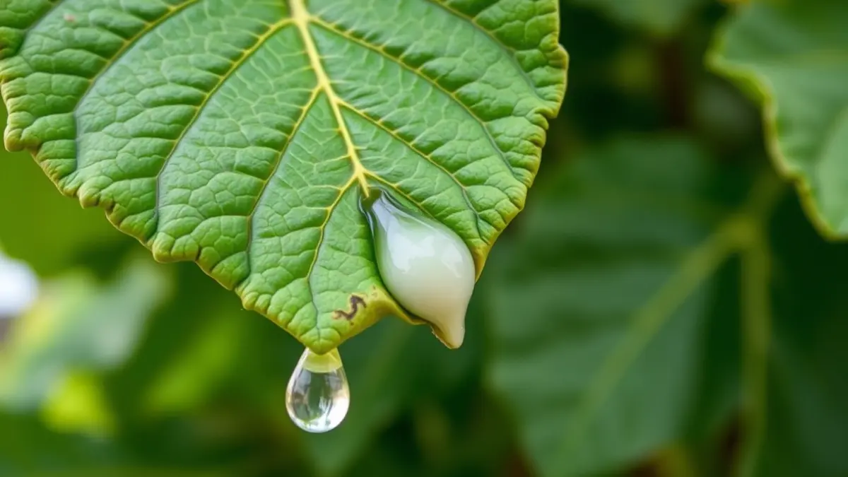 Imagen genérica: Primer plano de una hoja de higuera con látex blanco goteando, representando remedios tradicionales.