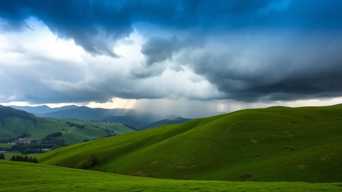 Dark storm clouds over a green, hilly Euskadi landscape, with visible rain and a distant lightning flash.