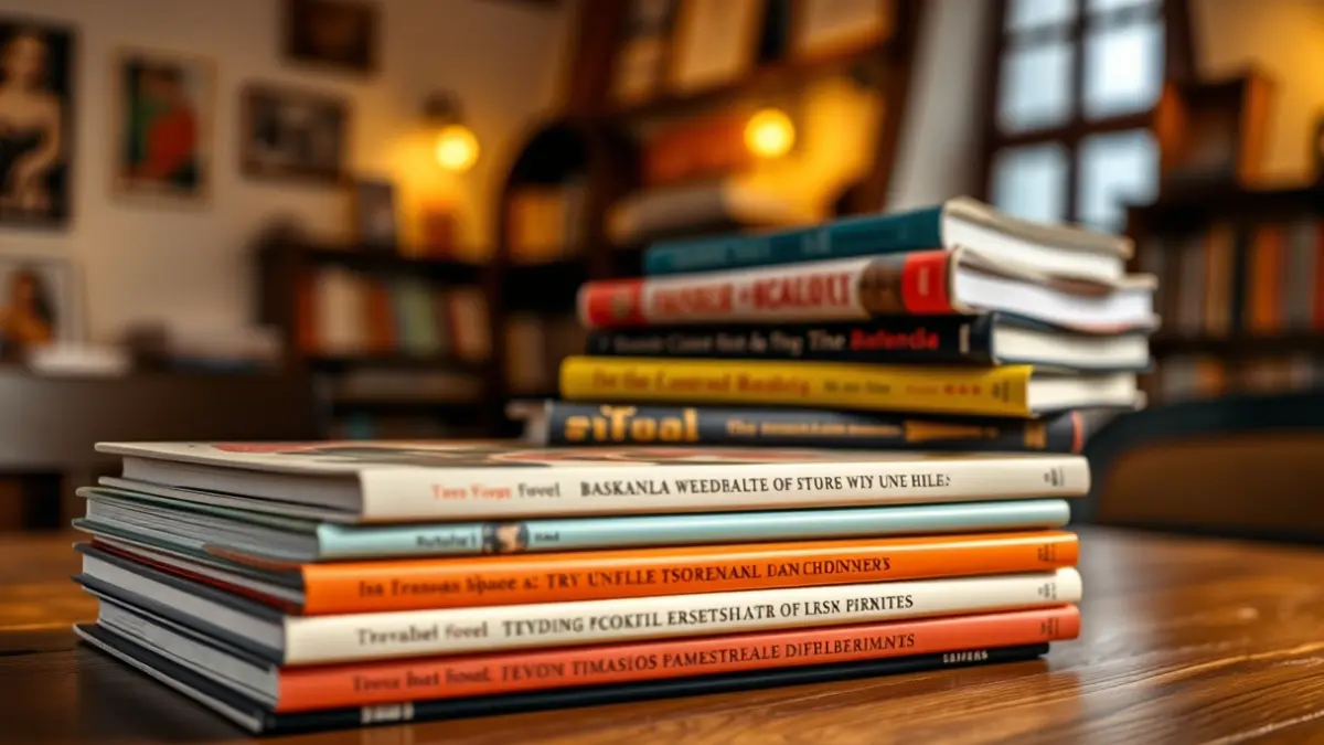 Pila de libros sobre una mesa de madera, sugiriendo un ambiente de lectura acogedor.
