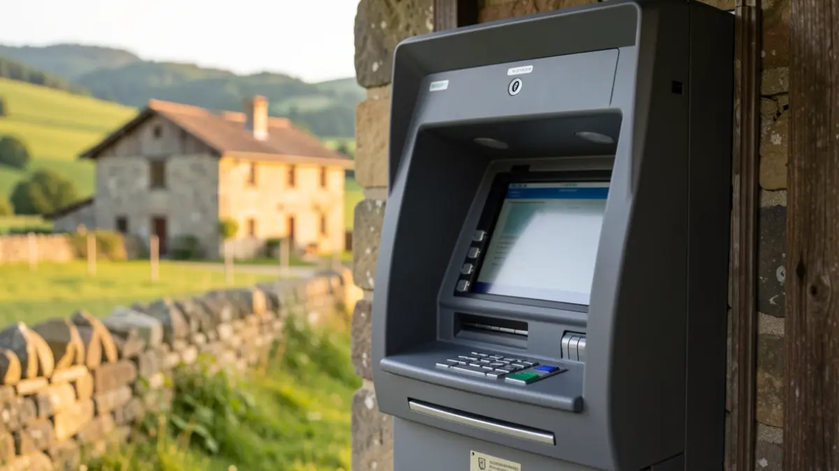 Irudi generikoa: Euskadiko landa-eremu batean instalatutako kutxazain automatiko moderno baten hurbileko irudia, atzealdean Euskal Herriko arkitektura tradizionala eta berdeak ikusten direla.