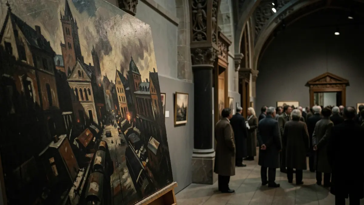 Imagen genérica: Sala de exposiciones oscura en París, 1937. Tensa y sombría.