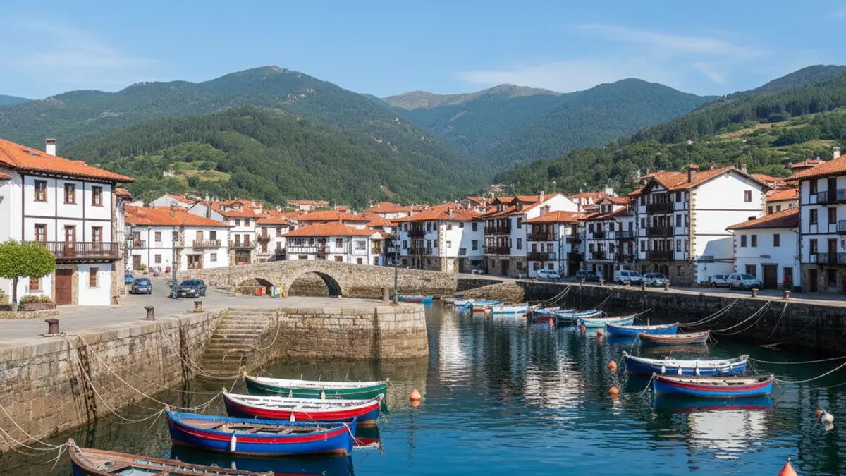 Generic image of a Basque coastal town, with a small harbor and green mountains.
