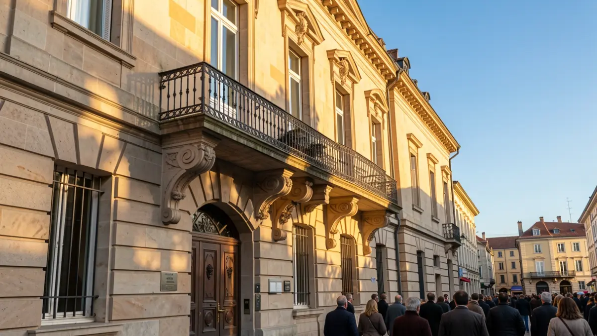 Irudi generikoa: Eusko Jaurlaritzaren udaletxe baten harrizko fatxada, balkoi eta burdin hesiekin, arratsaldeko eguzki argia.