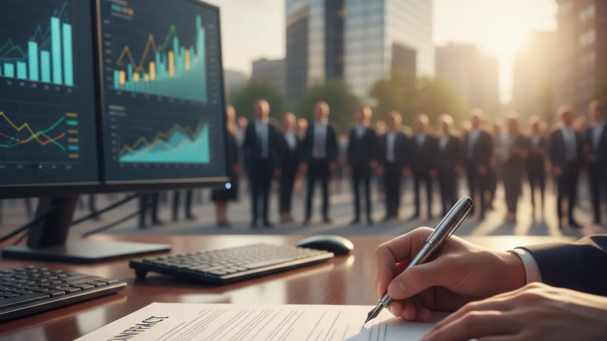 Generic image: hands signing a document, with financial charts in the background.