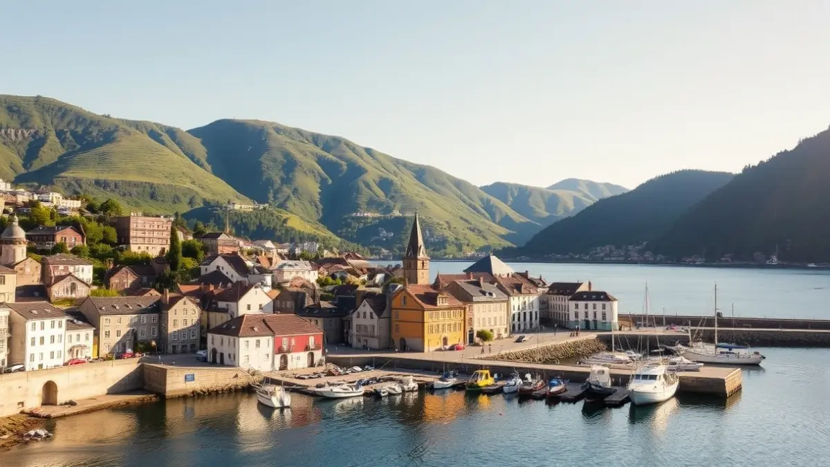 Generic image of a small Basque coastal town with a harbor and mountains.
