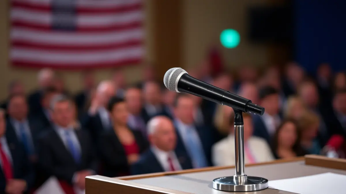 A microphone on a podium in a formal setting, with a blurred background of an audience, suggesting a political speech or event.
