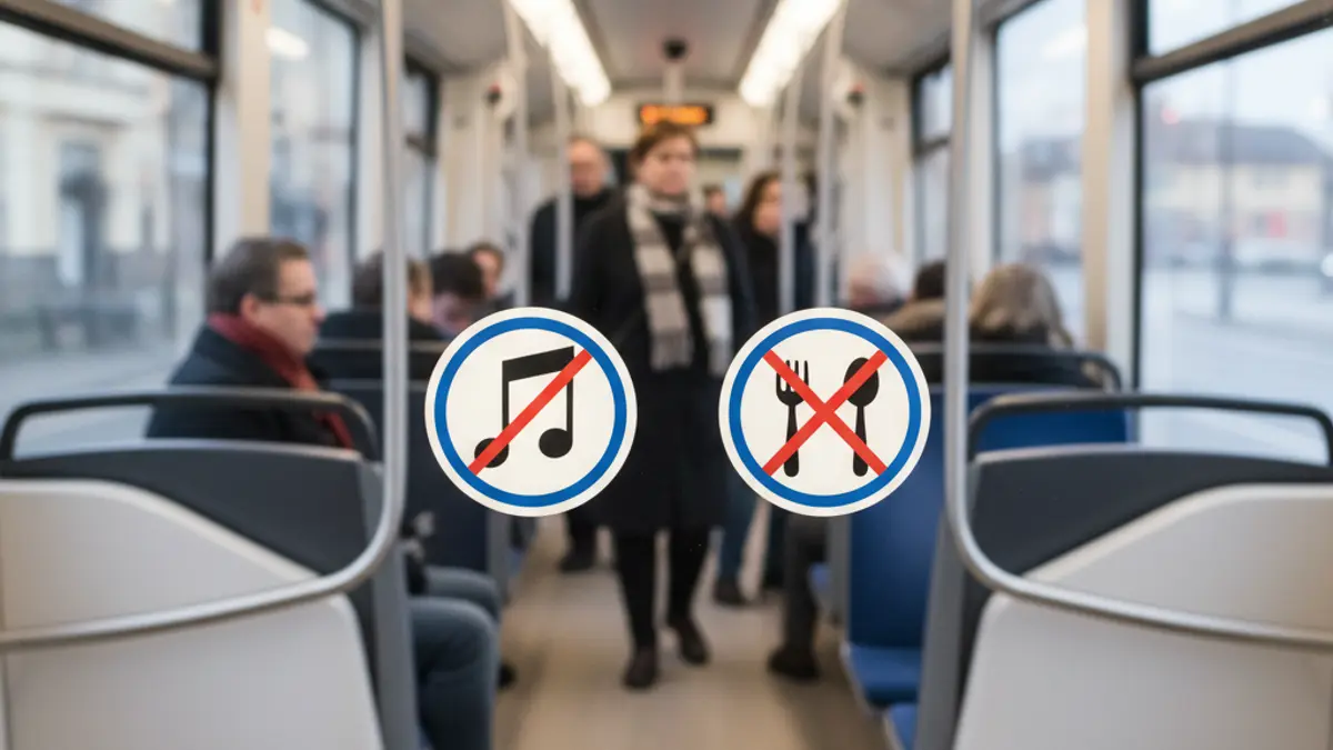 Generic image of a tram interior, with blurred people and rule symbols.