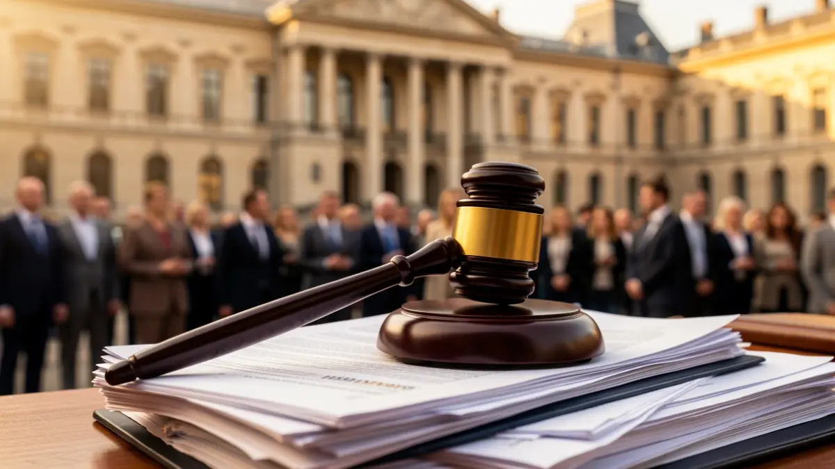 Generic image: A gavel resting on official documents, with a government building facade in the background.