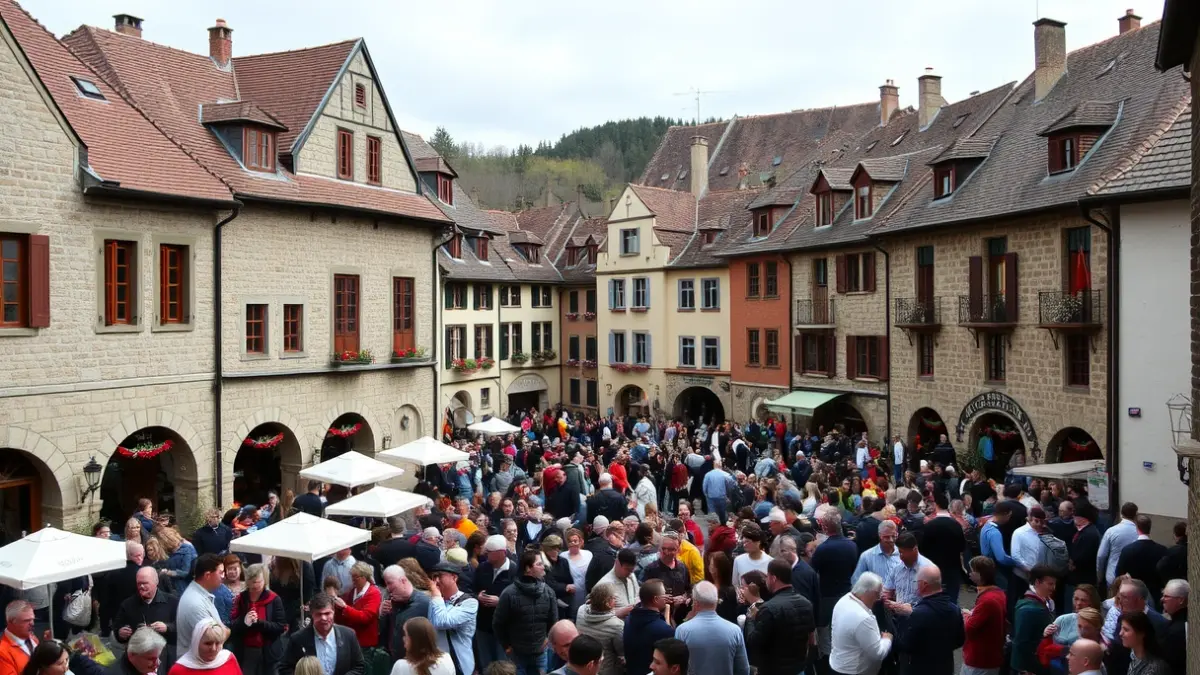 Festive atmosphere in the village of Ezkio, with people gathered for a celebration.