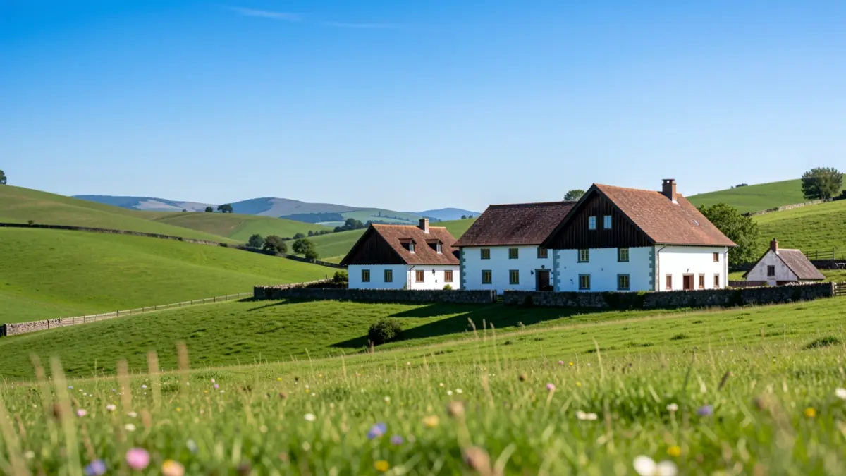 Green Basque Country landscape with farmhouses and clear blue sky.
