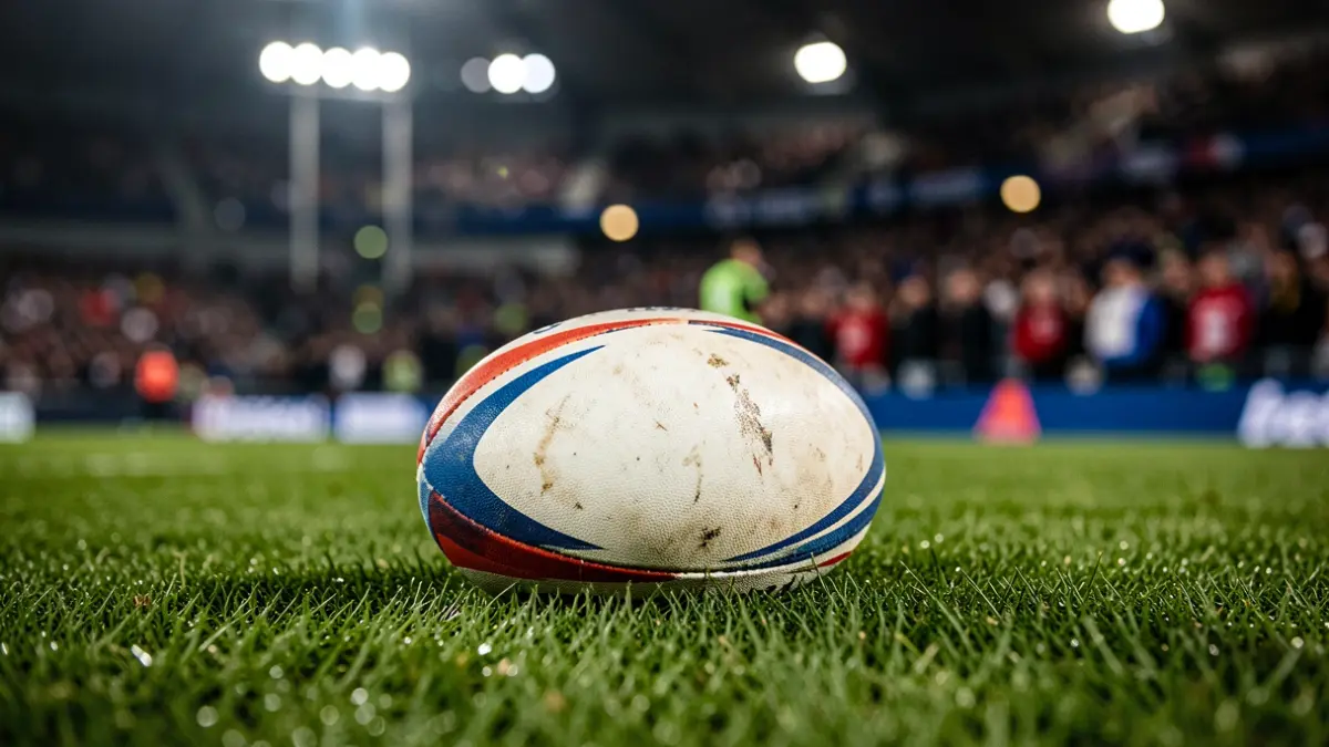 Errugbi pilota belar gainean, estadio argiztatua lausotuta.