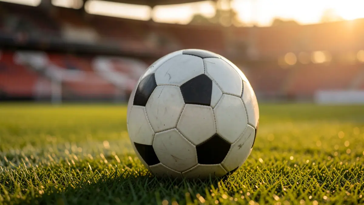 Un balón de fútbol sobre el césped de un estadio con el fondo desenfocado.