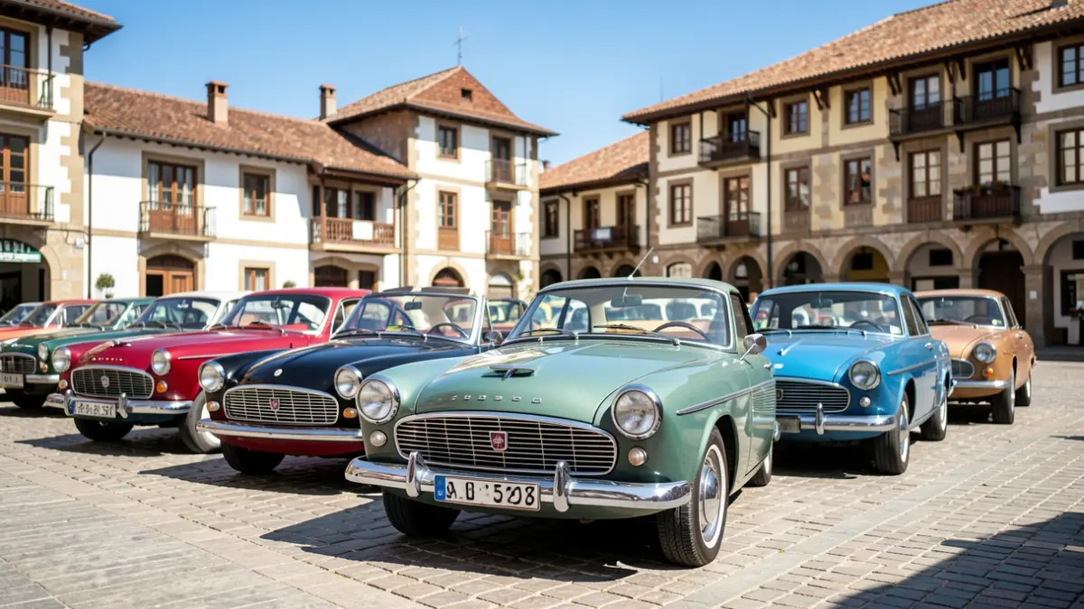 Imagen genérica de coches clásicos Ford en una plaza.