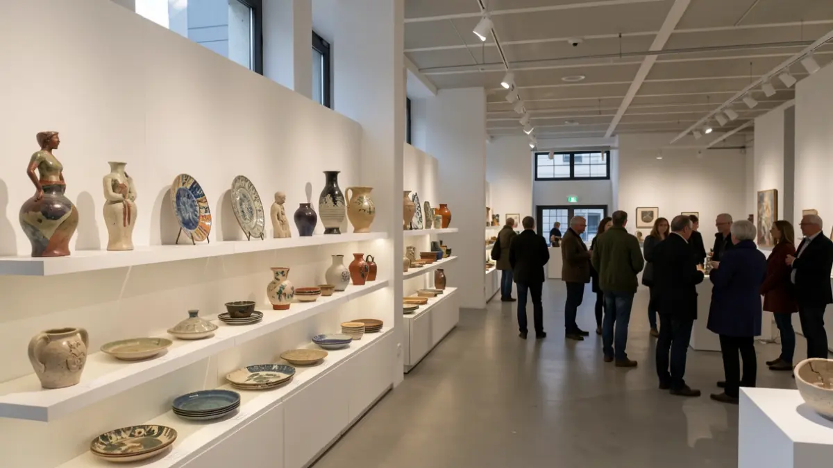 Etxeko kultur areto bateko erakusketa-aretoaren barrualdea, eskultura, plater eta loreontzi bezalako zeramika piezak erakusten dituzten apaletan. Argiztapen leunak artelanak argitzen ditu.