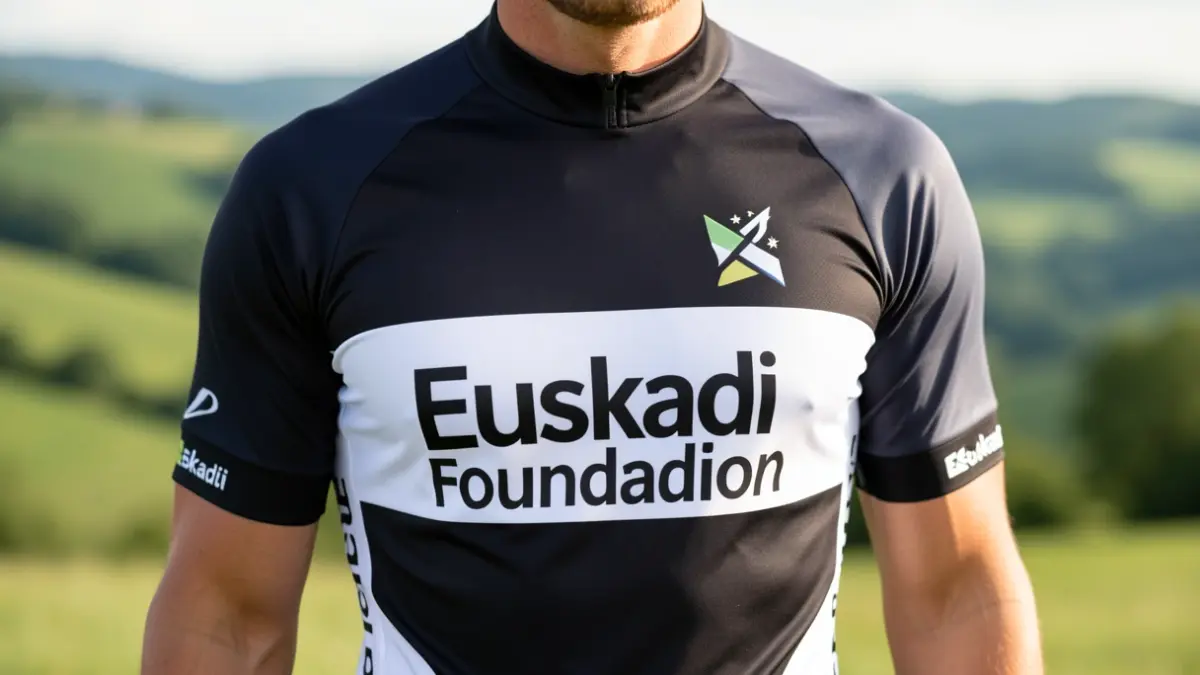 Close-up of a cycling jersey with the Euskadi Foundation logo, blurred green Basque hills in the background, soft natural light.