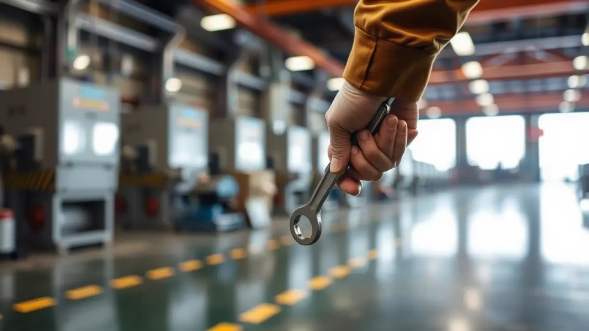 Manos de un trabajador sosteniendo una llave inglesa, con maquinaria industrial borrosa al fondo.