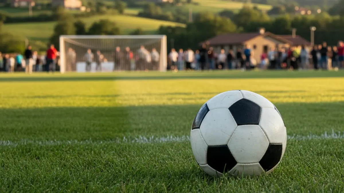 Generic image of a soccer ball on grass, with a blurred goal net in the background.