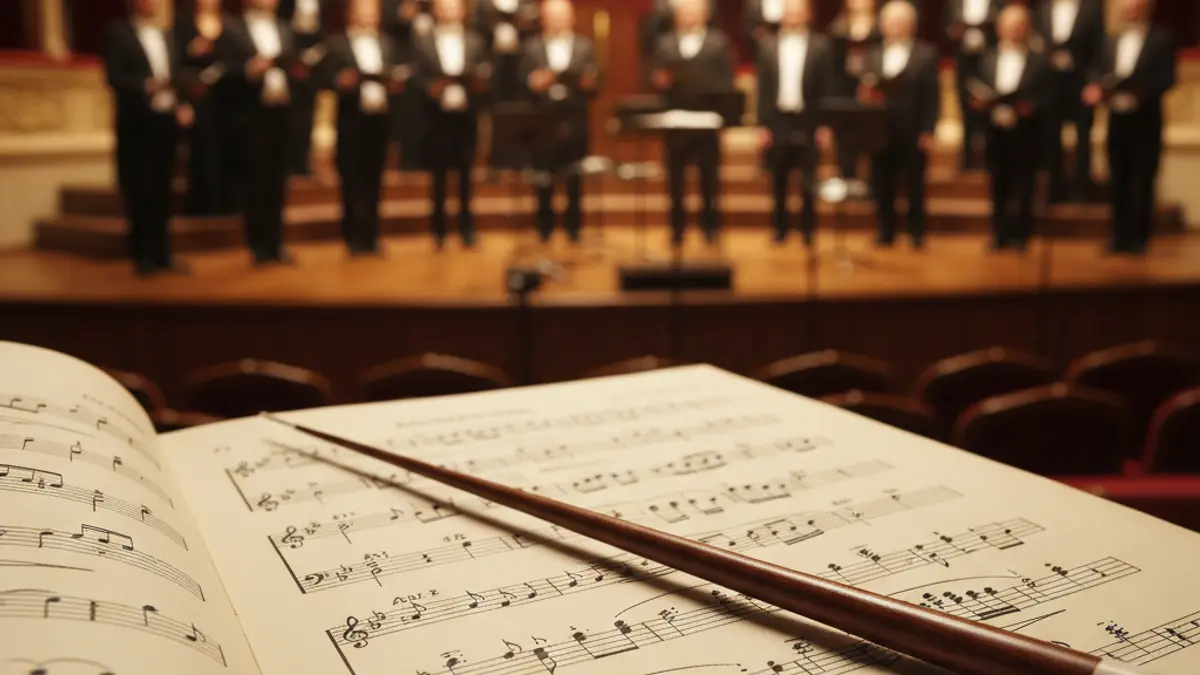 Generic image: a sheet music, a conductor's baton, and a blurred choir in the background.