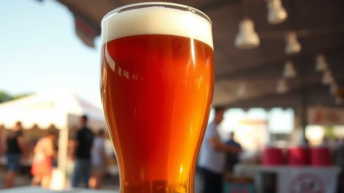 Imagen genérica de un vaso de cerveza artesanal con un fondo de mercado borroso.