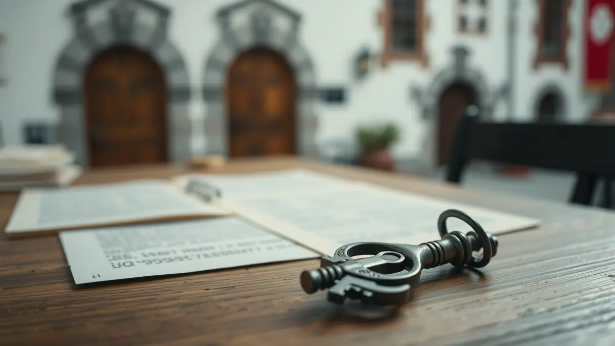 A symbolic key on a wooden table, with blurred historical documents and a traditional Basque building facade in the background.