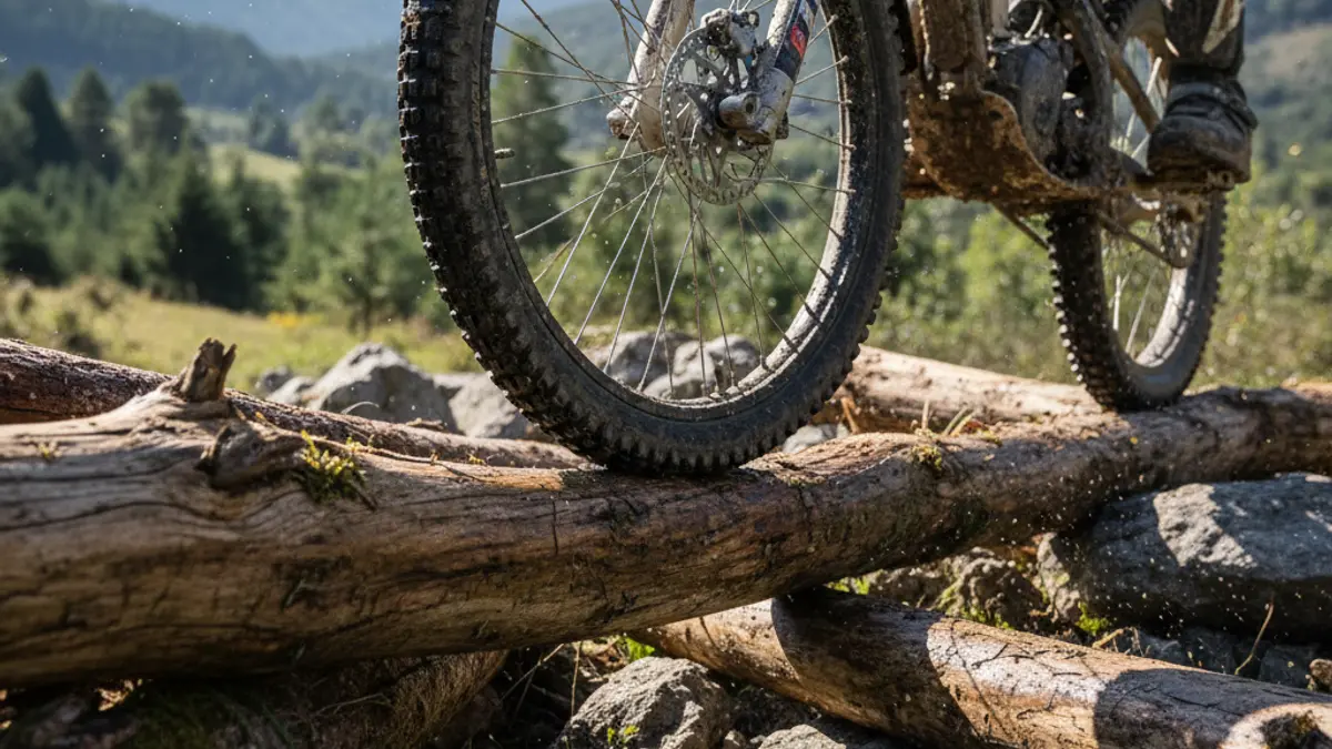 Generic image of a trial bike tire over a stack of logs and rocks, with a blurred natural background.