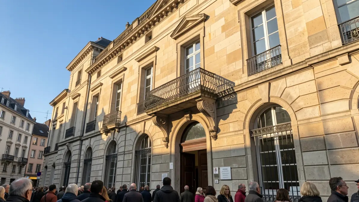 Irudi generikoa Euskadiko udaletxe baten harrizko fatxada, balkoi eta burdin hesiz hornitua, arratsaldeko eguzkiak itzalak botatzen dizkie hareharrizko hormei, zeru urdina, argazkigintza dokumental estilokoa.