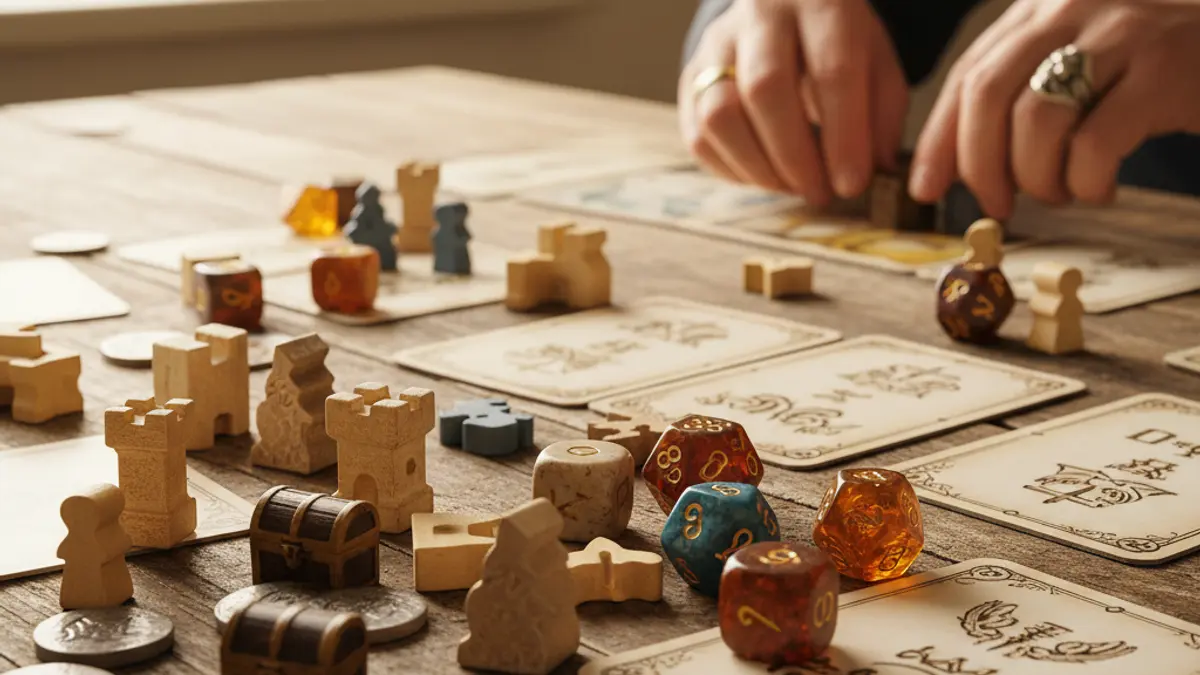 Generic image of board game pieces, dice, and cards on a wooden table.