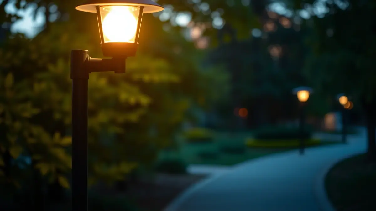 A modern LED street light illuminating a dark pedestrian path at dusk, enhancing the sense of safety.