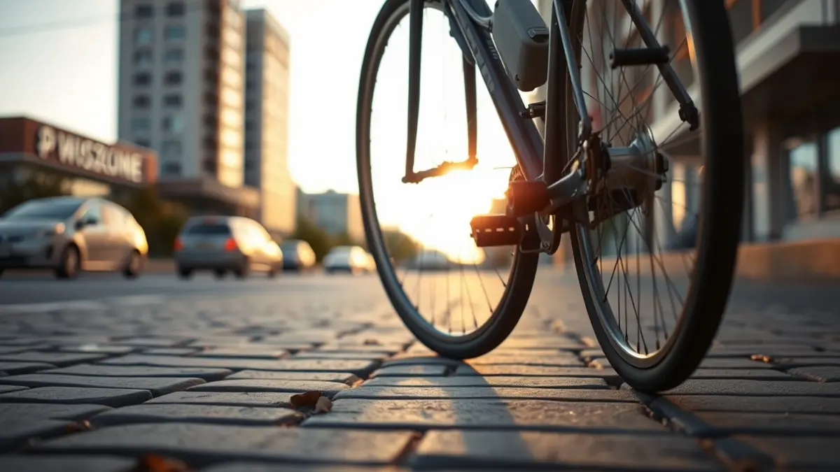 Imagen genérica de la rueda y los pedales de una bicicleta, con un fondo urbano difuminado.
