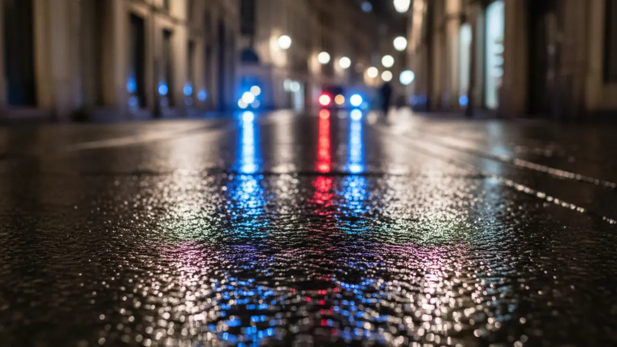 Generic image: Blue and red emergency lights reflecting on wet asphalt at night.