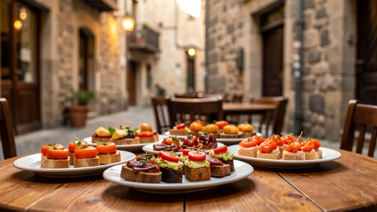 Pintxoak taberna bateko mahai batean, Vitoria-Gasteizko Alde Zaharreko giroarekin.