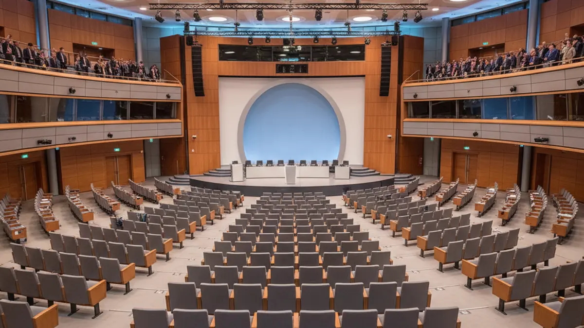 Irudi generikoa kongresu jauregi baten barrualdearena, aulki hutsak eta agertoki handi batekin.
