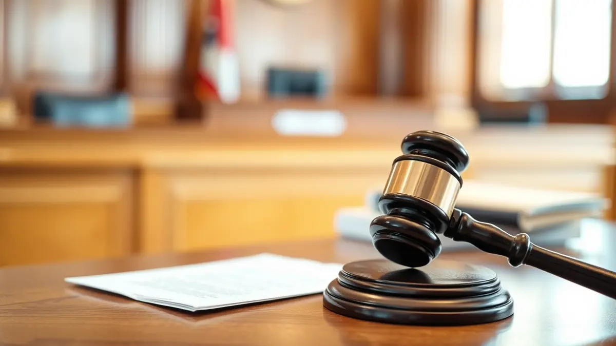 Judge's gavel on a wooden desk in a courtroom