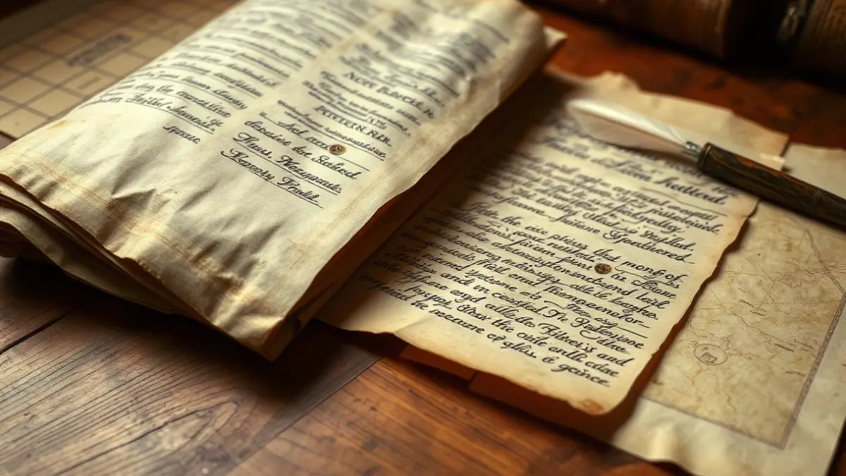 Generic image: an ancient parchment document with faded ink and intricate script, unrolled on a wooden table.