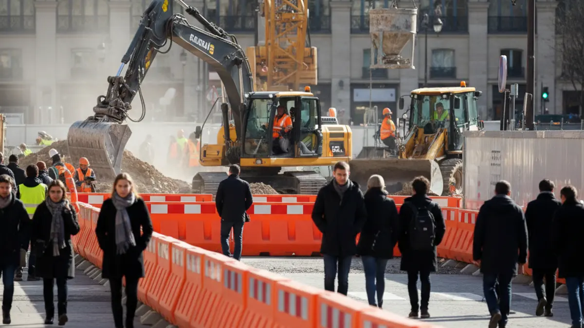 Imagen genérica: Obras en una calle urbana con barreras de seguridad y maquinaria pesada.