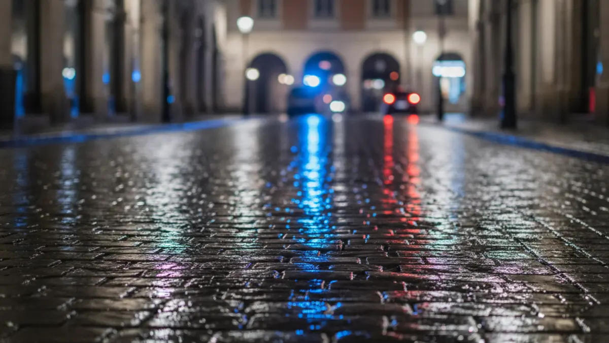 Generic image of blue and red emergency lights reflecting on wet asphalt at night.