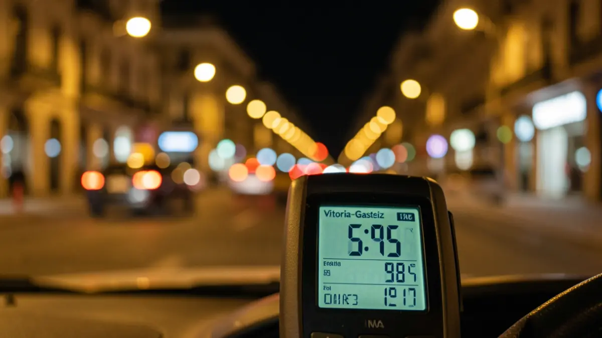 Generic image of a taxi meter showing a high fare, with blurred city lights of Vitoria-Gasteiz in the background.