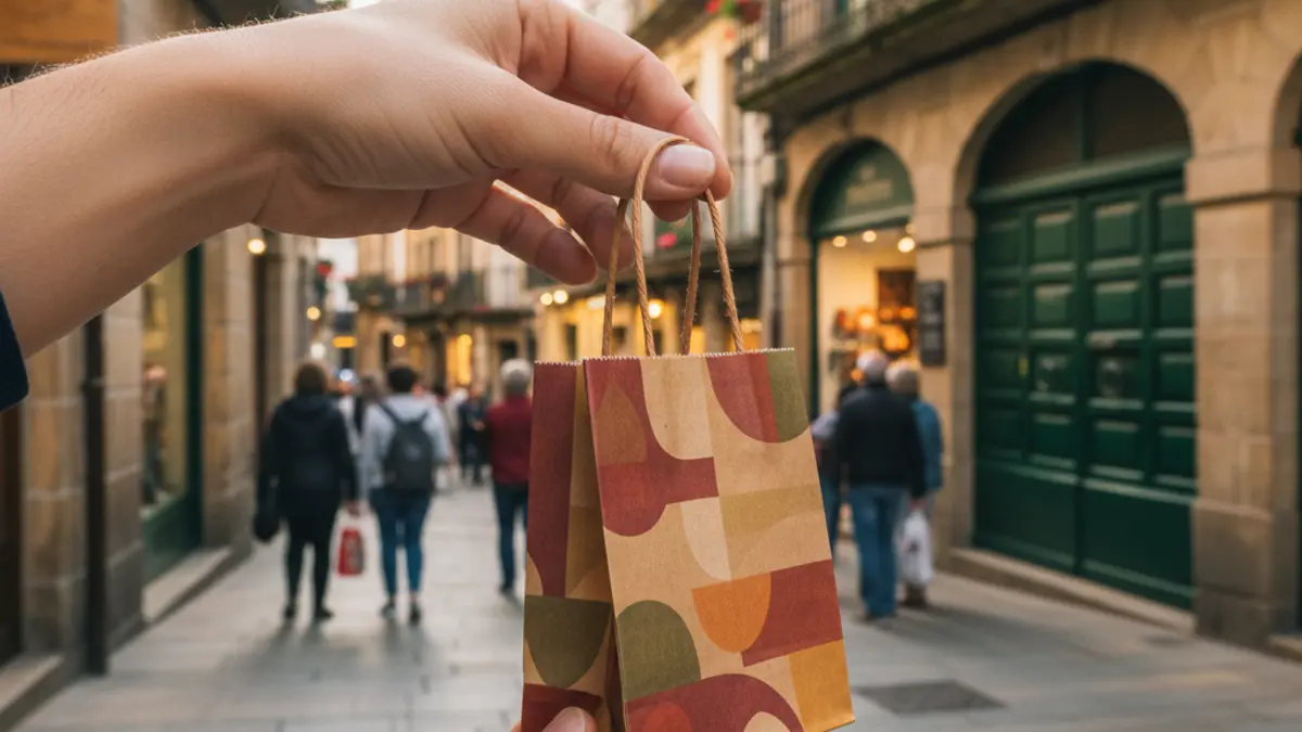 Generic image of a hand holding a small shopping bag with a blurred city street in the background.