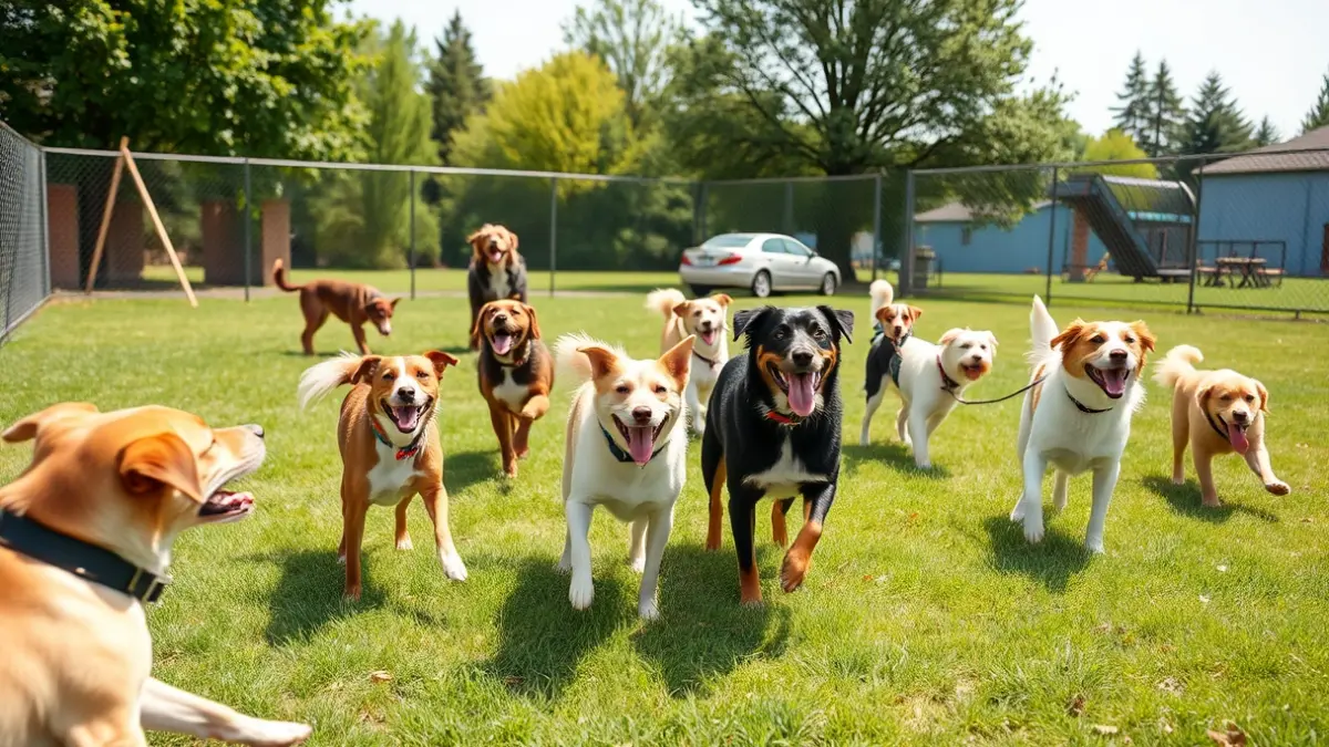 Generic image of a group of dogs playing in a dog residence.