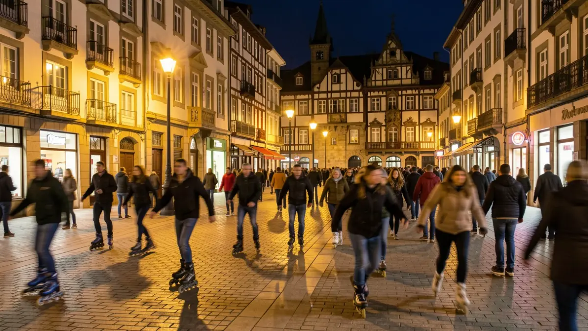 Gaubela elkarteko patinatzaile talde bat gauez Vitoria-Gasteizko kaleetan zehar.