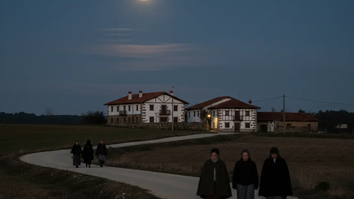 Gaueko martxa baten irudi generikoa, ilargi betea eta landa-bide bat agertzen direla.