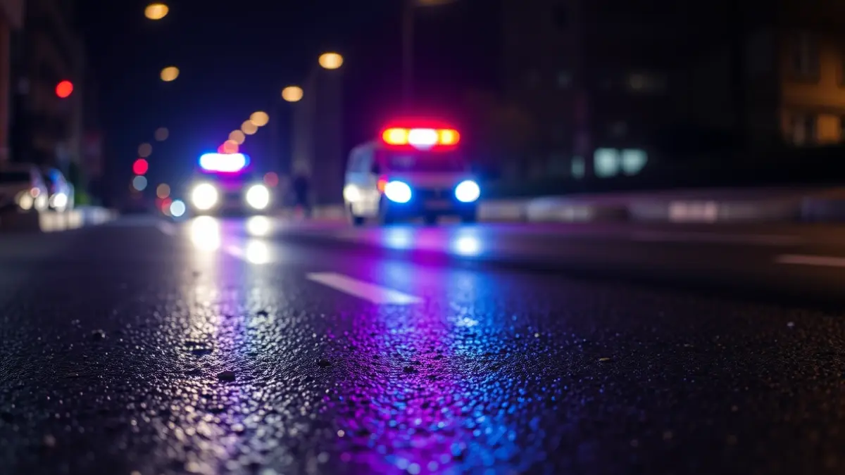 Imagen genérica de luces de emergencia reflejándose en asfalto mojado por la noche, en un entorno urbano de Euskadi.