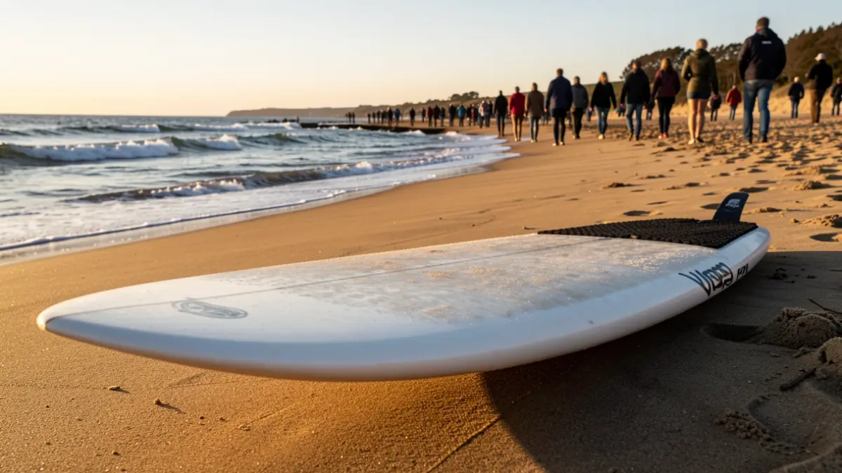 Tabla de surf en la playa con olas y sol.