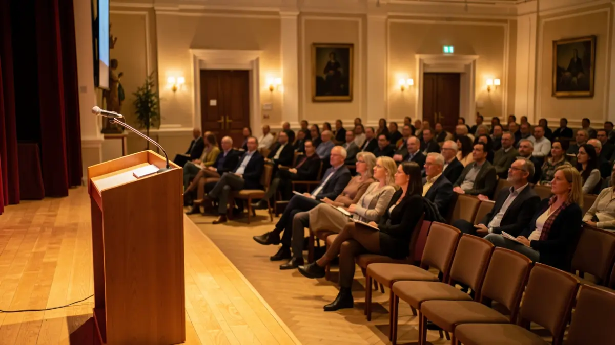 Interior of a conference room with a wooden stage and a microphone.