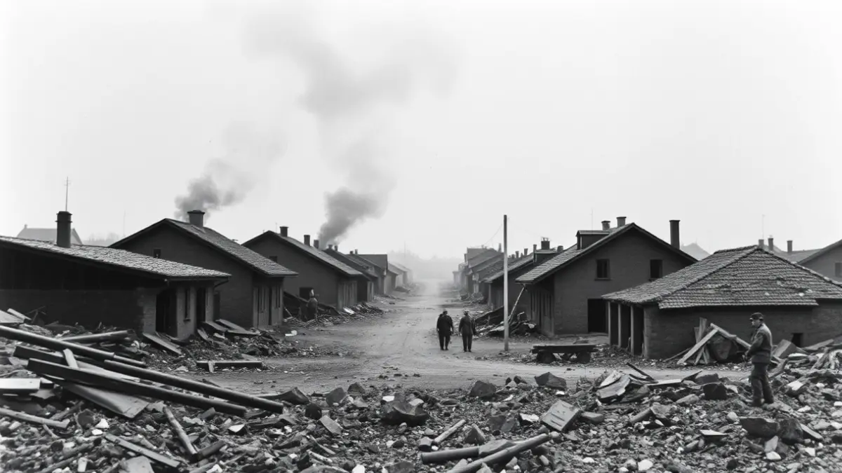 Image of a destroyed town after the Gernika bombing, showing rubble and smoke.