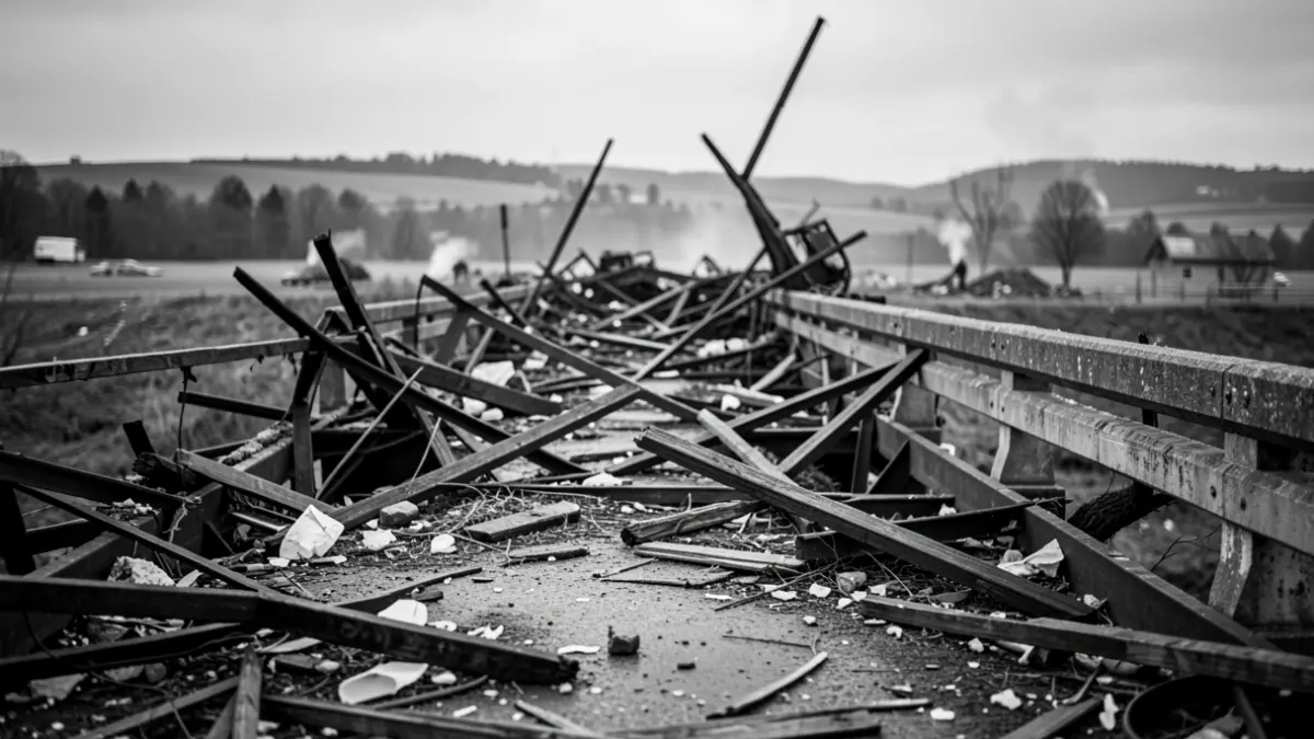 Imagen genérica de una fotografía en blanco y negro de un puente destruido.