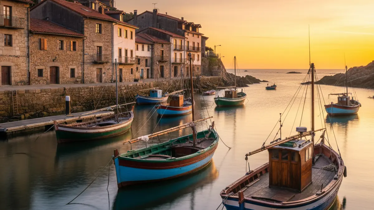 Image of Getaria's traditional fishing harbor at sunset, with fishing boats and historic stone buildings.