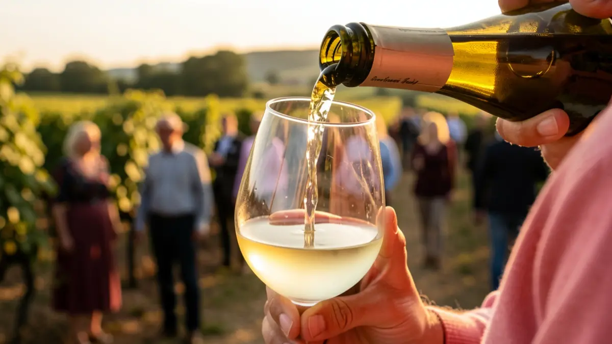 A glass of txakoli wine being poured with blurred vineyards in the background.