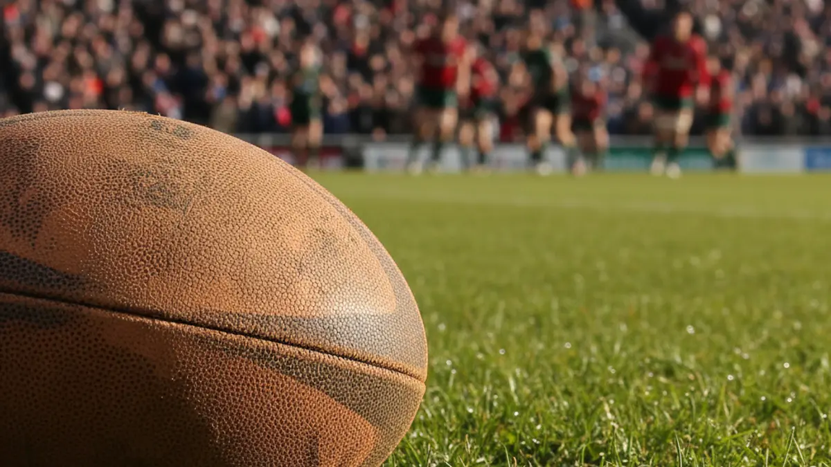Generic image of a rugby ball on a green field, with blurred players in the background.