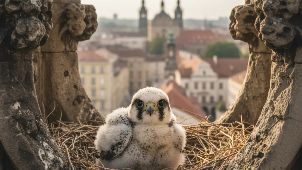 Peregrine falcon chick Urki in a church tower in Getxo